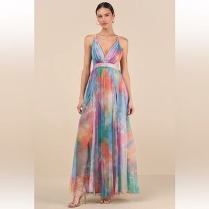 Lulus- Elegant Watercolor Tie-Dye Backless Maxi Dress- Size S